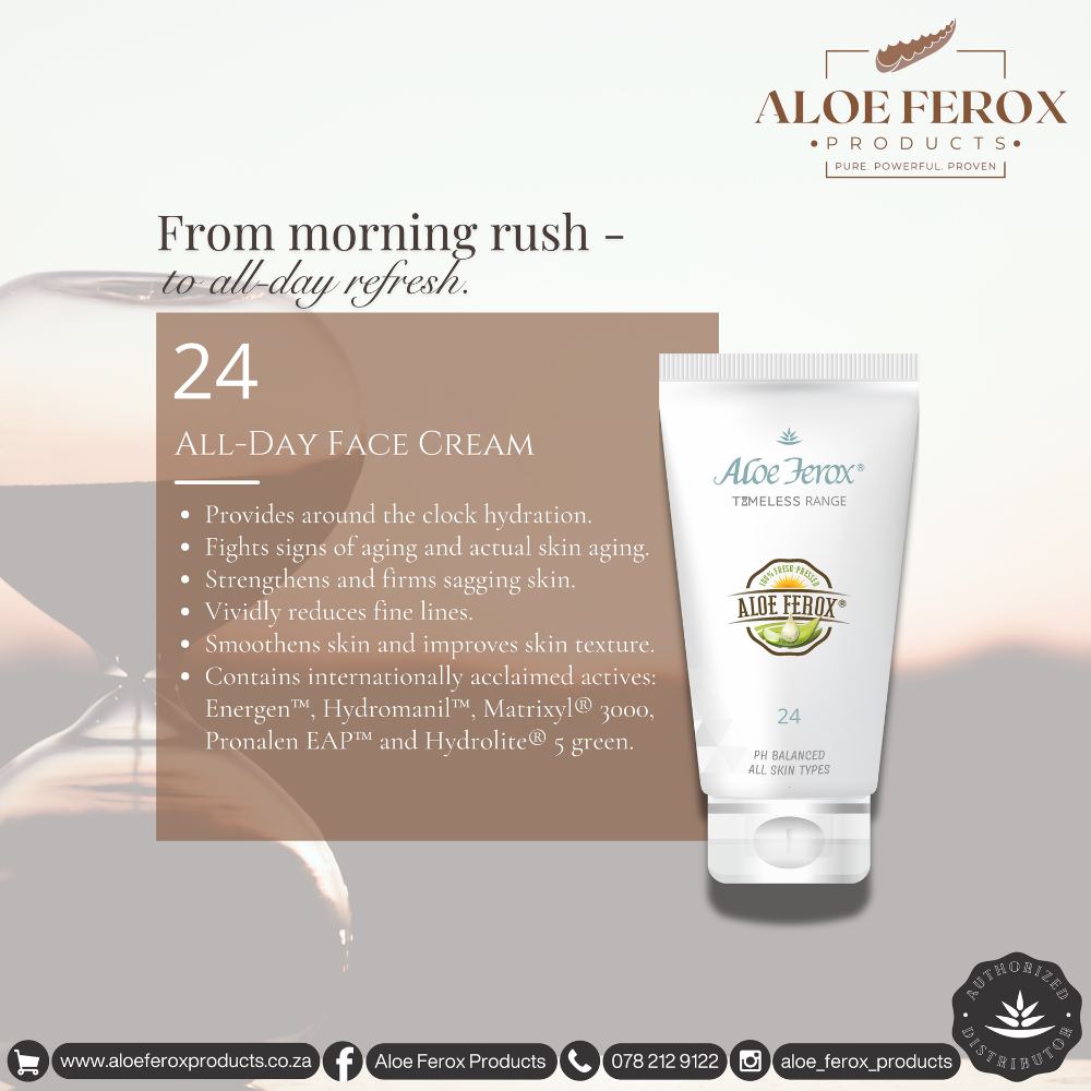 Aloe Ferox 24 All-Day Face Cream packaging with product details on a gradient background
