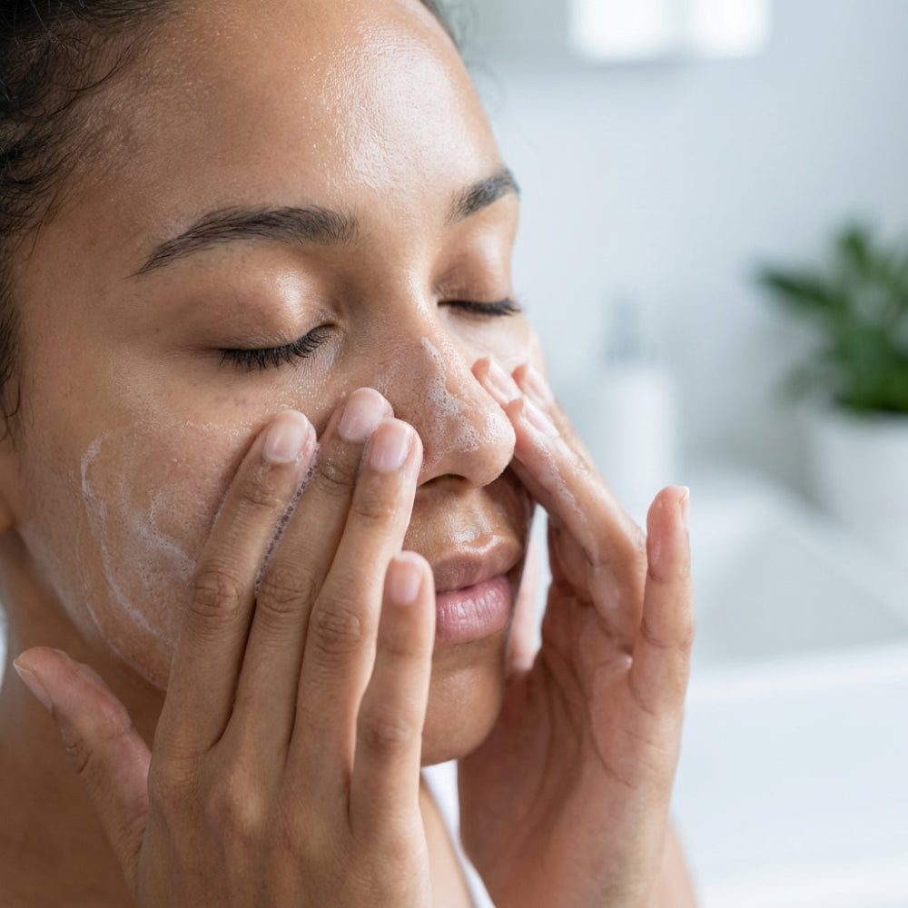 Woman applying cream to her face with a blurred background