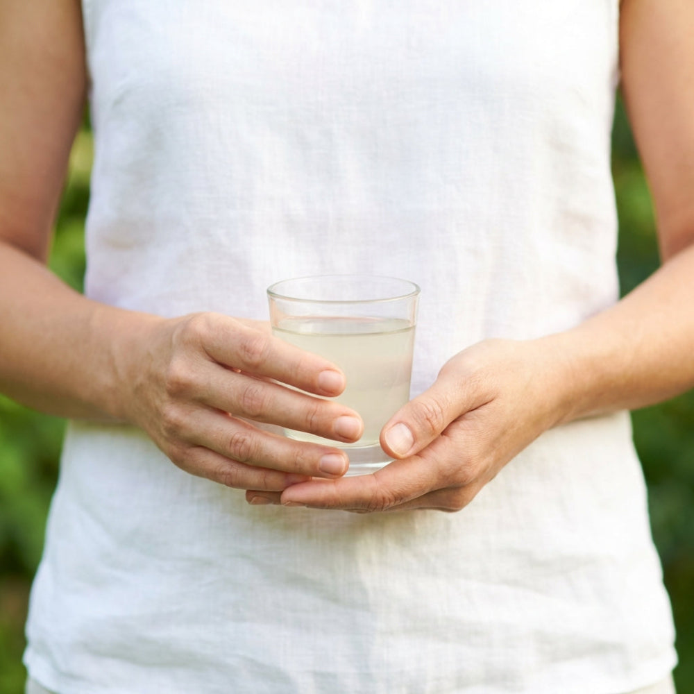 Person holding a glass of aloe juice with a blurred green background