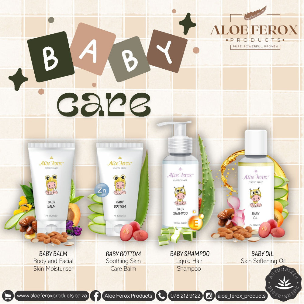 Aloe Ferox baby care products on a checkered background with branding and product names.