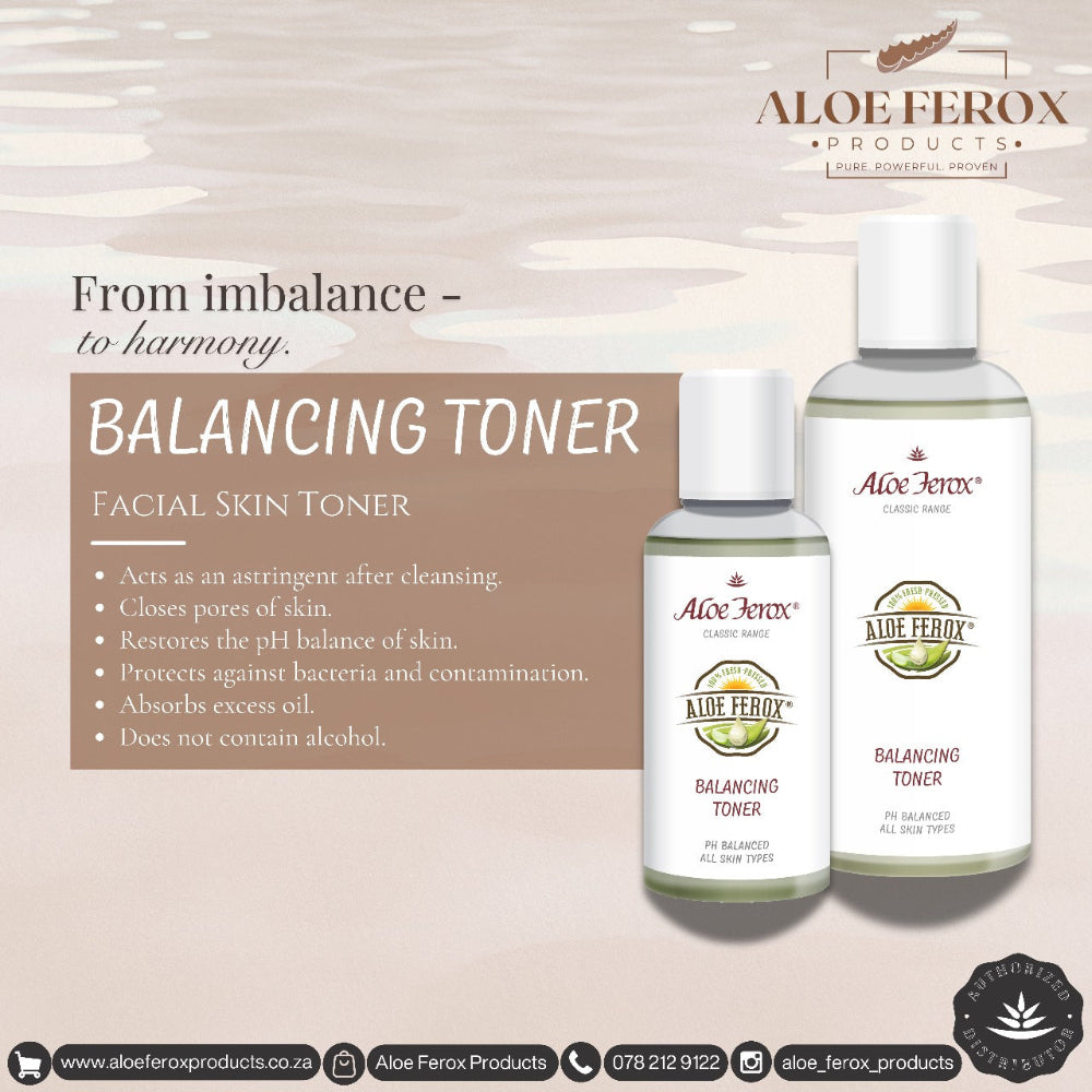 Aloe Ferox Products balancing toner bottles with product description on a light background