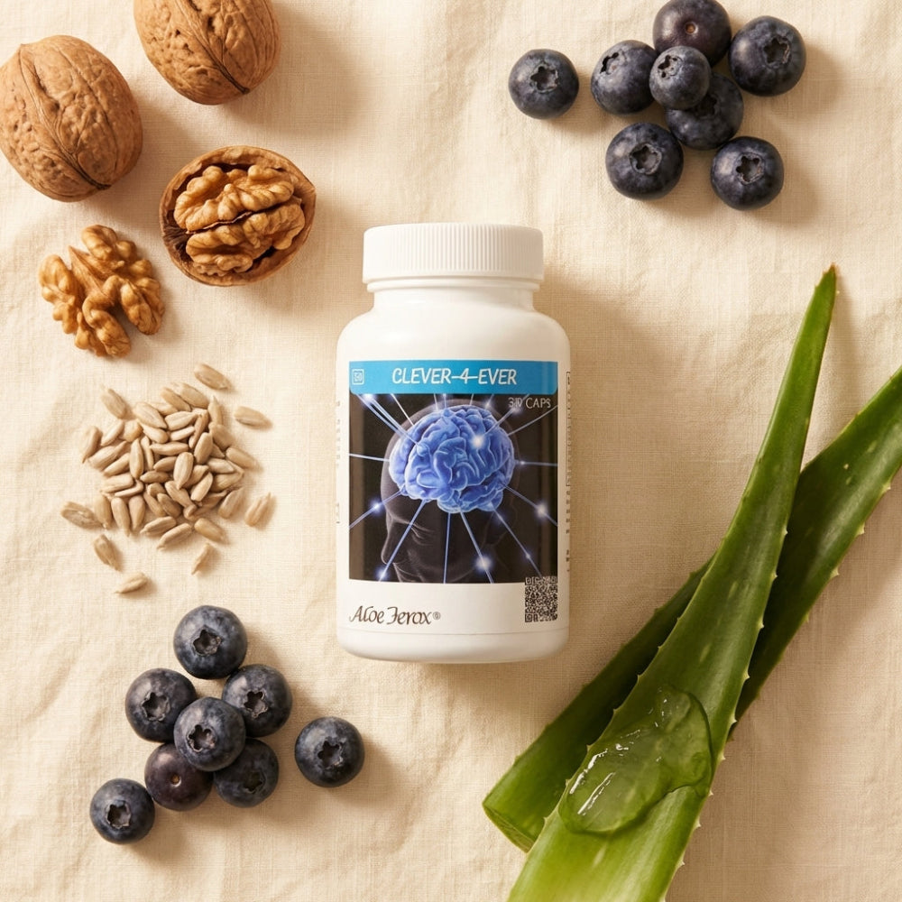 Supplement bottle labeled 'Clever 4 Ever' with nuts, blueberries, and aloe ferox on a beige background