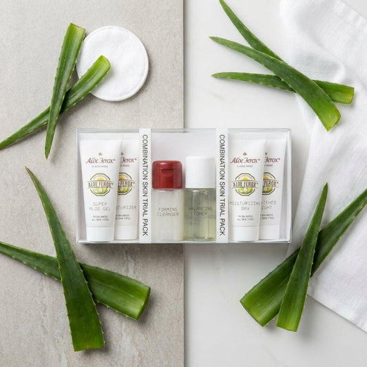 Aloe ferox combination skin trial pack skincare trial pack with aloe leaves on a light background