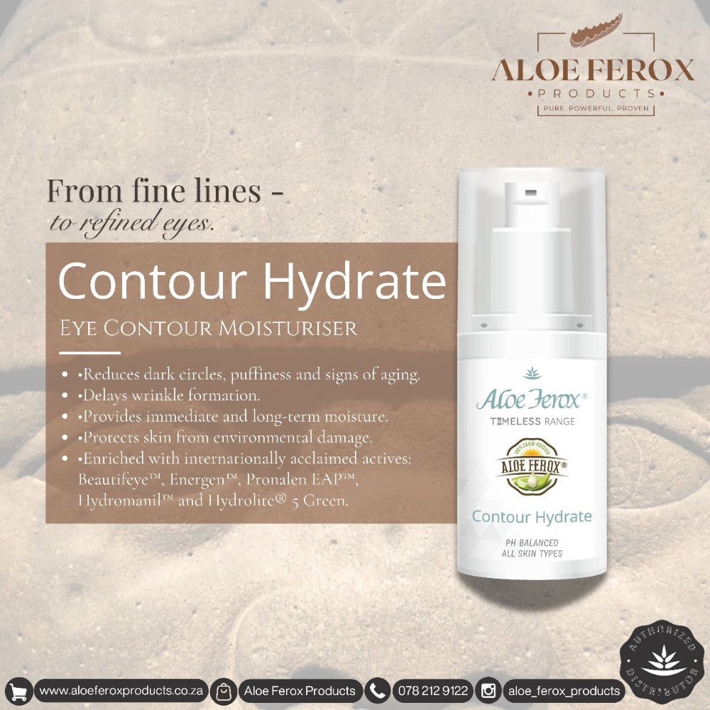 Aloe Ferox Contour Hydrate eye contour moisturizer on a textured beige background