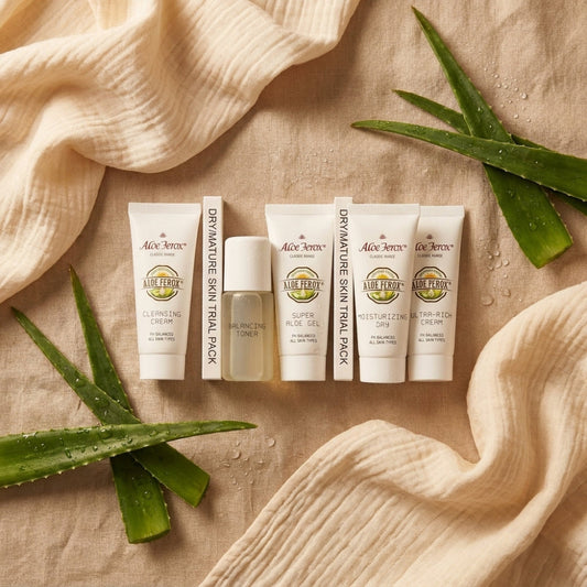 Set of Aloe ferox dry skin trial pack skincare products with aloe leaves on a beige fabric background