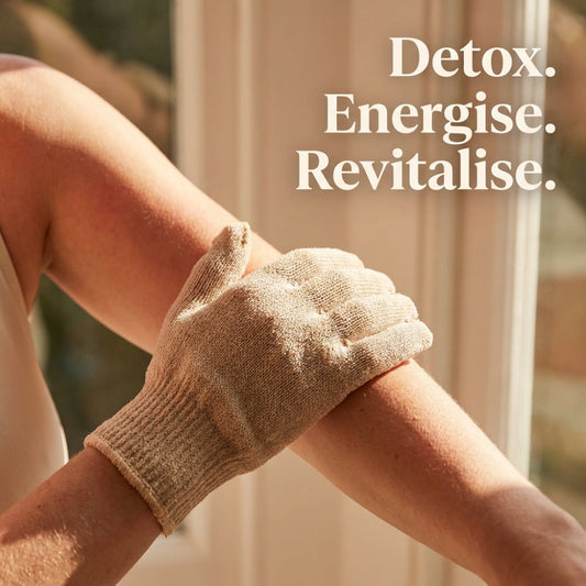 Person wearing a glove on a limb with text 'Detox. Energise. Revitalise.'