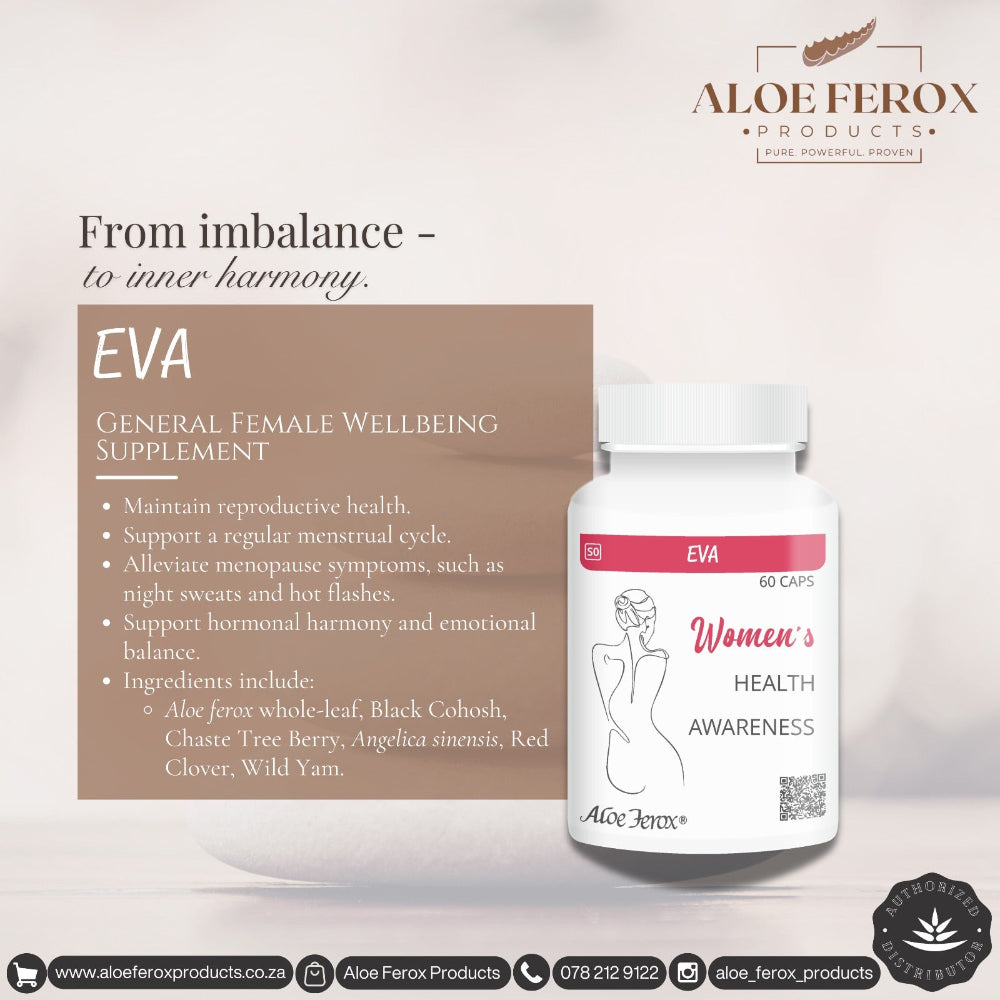Aloe Ferox EVA supplement bottle with product details on a light background