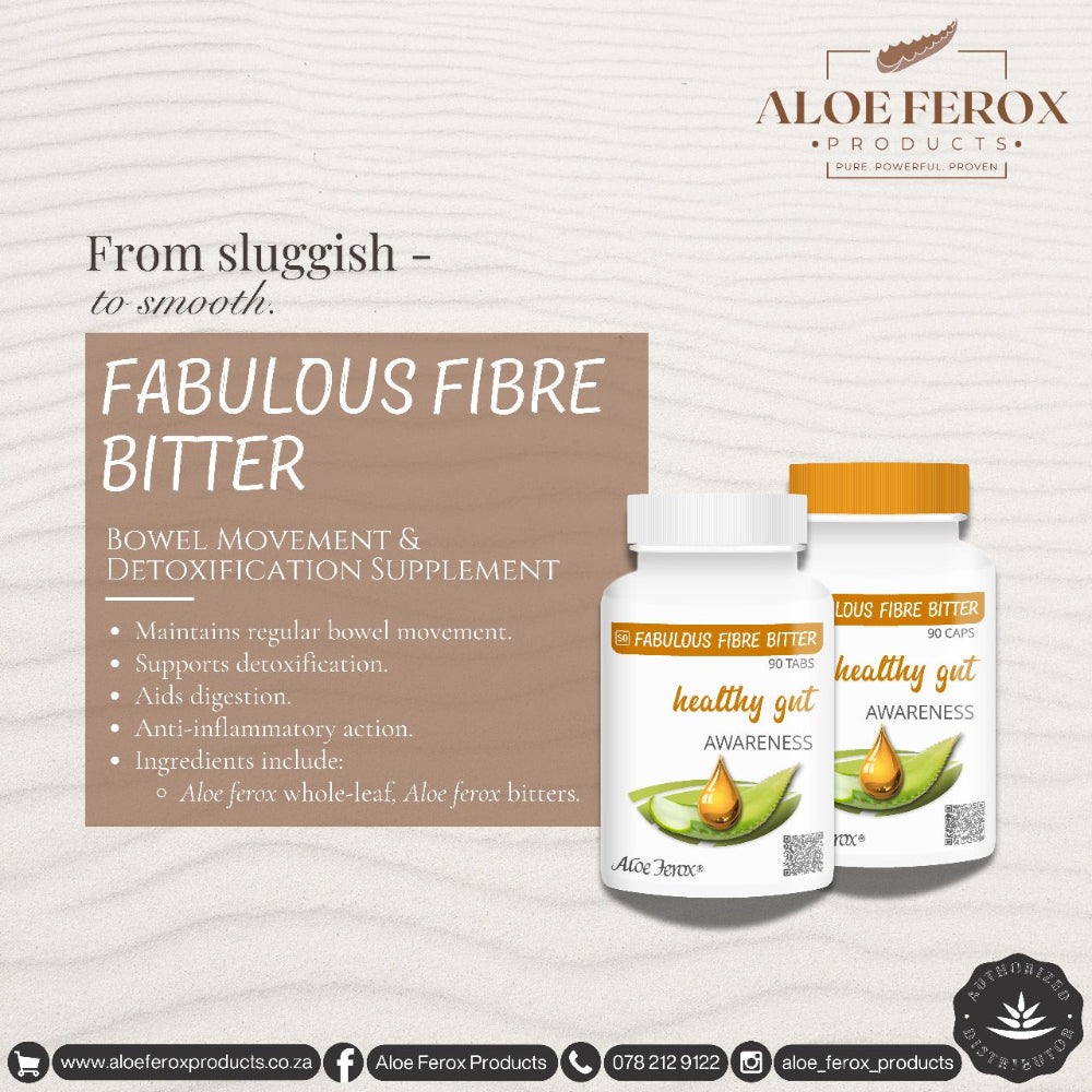 Aloe Ferox Products Fabulous Fibre Bitter supplement bottles on a light background