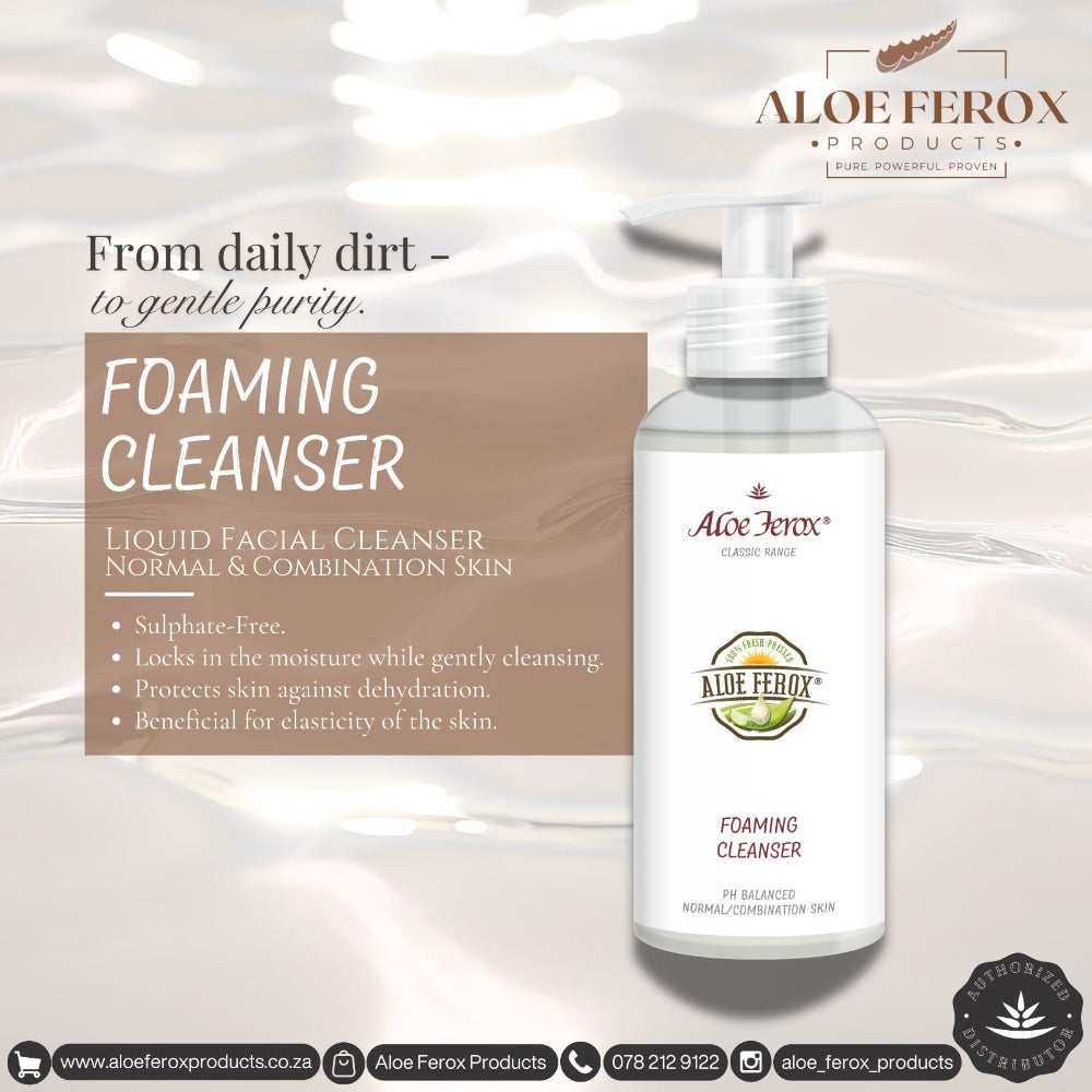 Aloe Ferox foaming cleanser bottle with product details on a light background