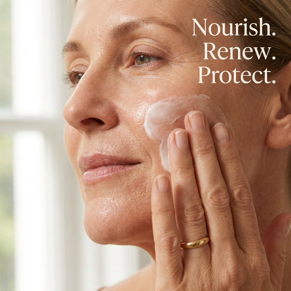 Woman applying cream to her face with text 'Nourish. Renew. Protect.'