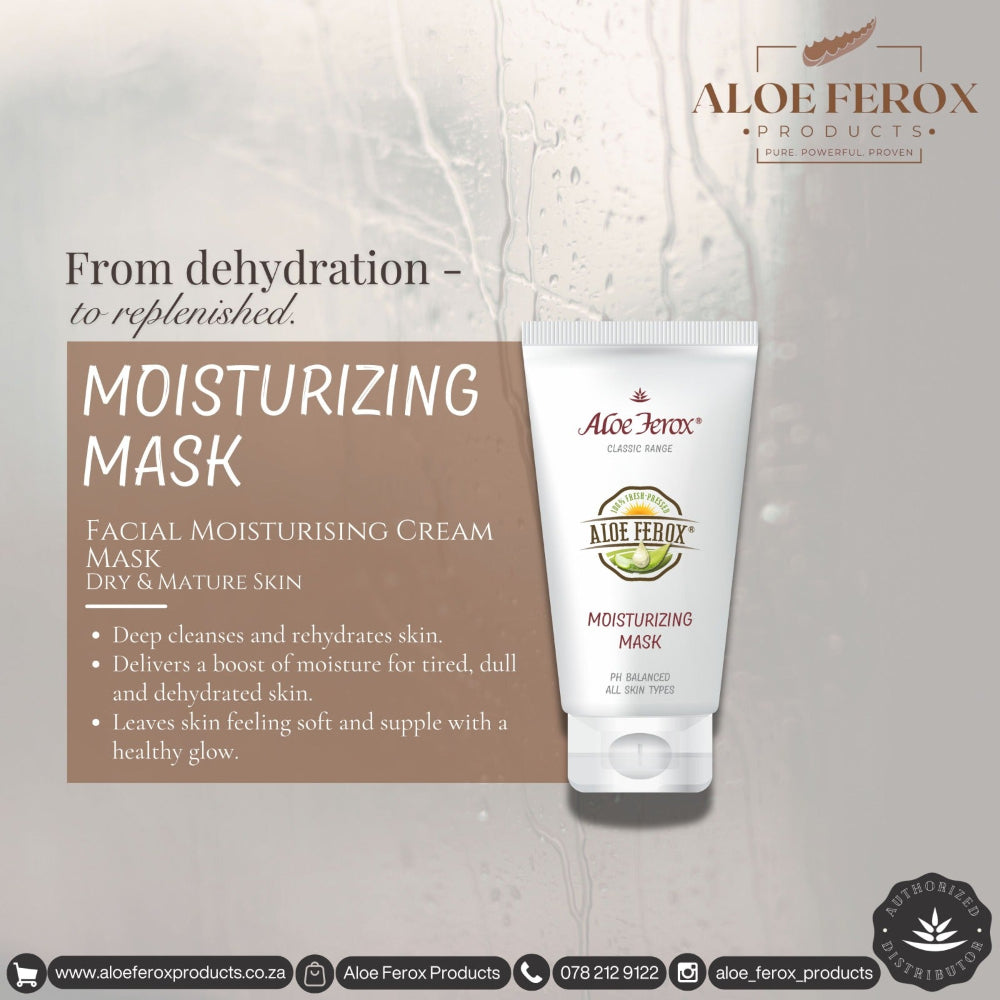 Aloe Ferox moisturizing mask packaging with product description on a light background
