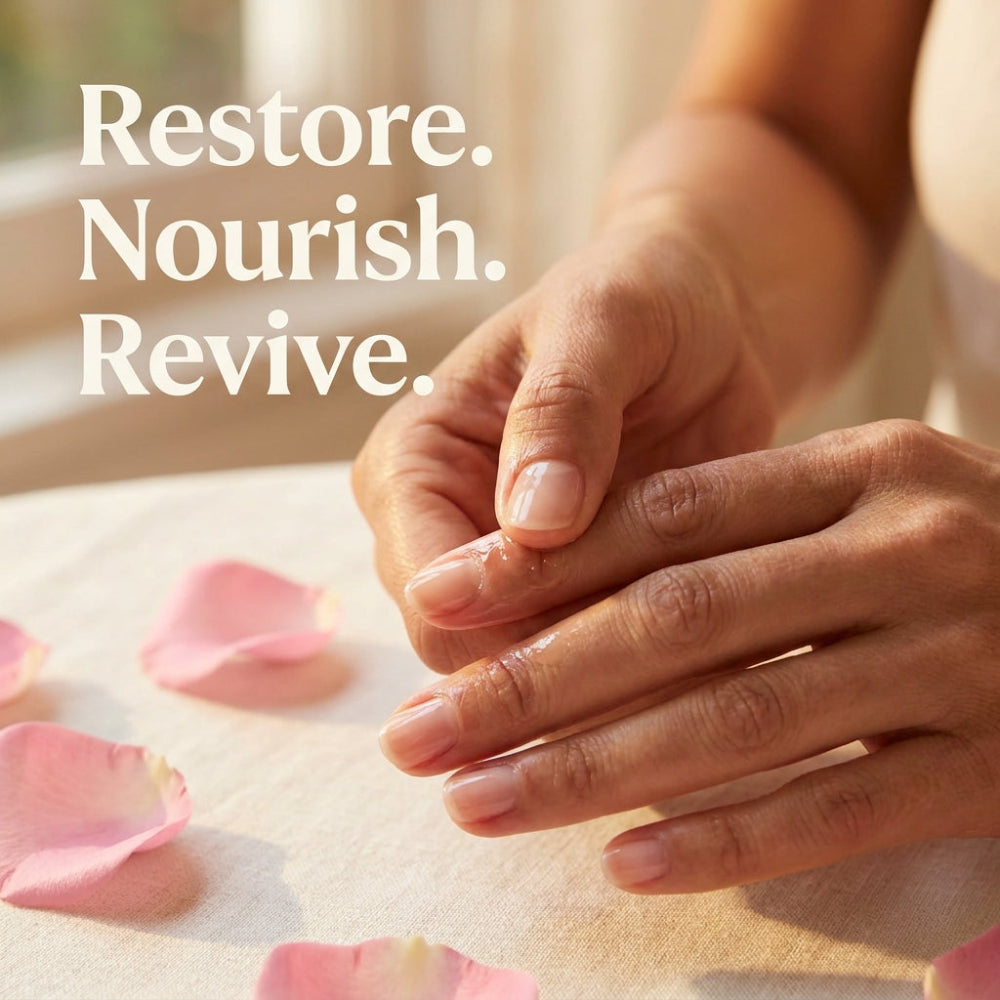 Close-up of hands with text 'Restore. Nourish. Revive.' and pink petals on a soft surface.