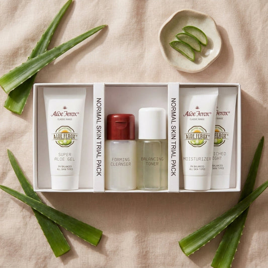 Aloe Ferox skincare trial pack normal skin with aloe ferox leaves on a beige background