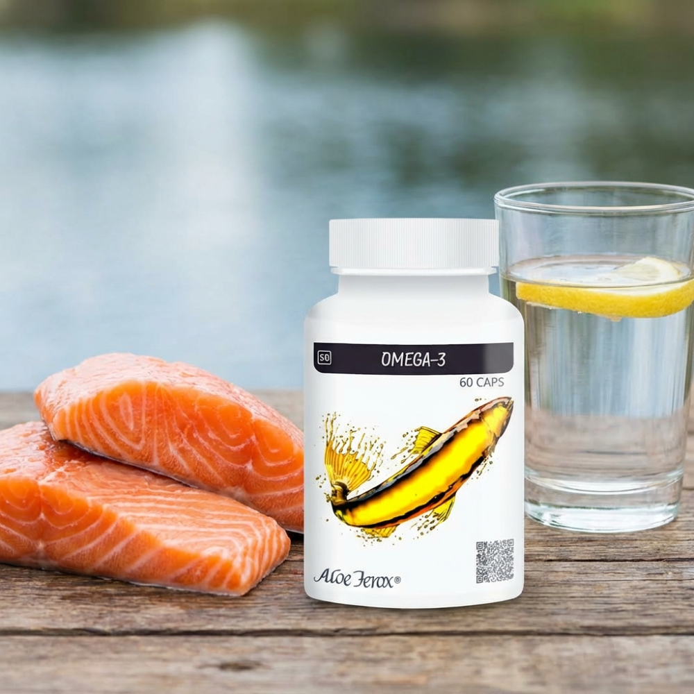 Omega-3 supplement bottle with salmon and a glass of water on a wooden surface