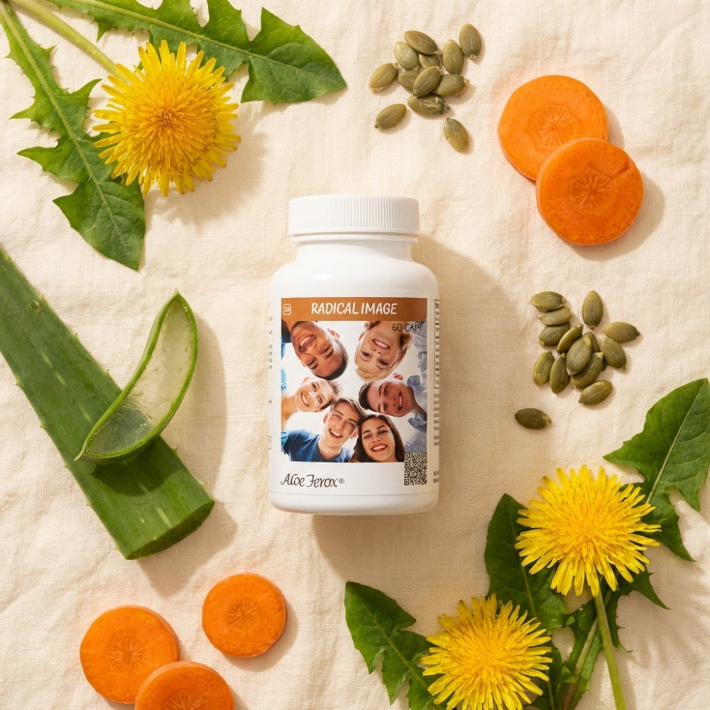Vitamin supplement bottle surrounded by health foods like carrots, aloe vera, and dandelion flowers on a light background.