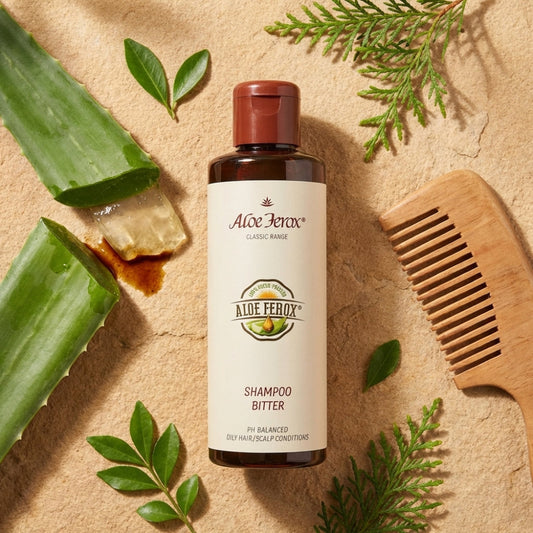 Aloe Ferox shampoo bottle with aloe ferox leaves and a wooden comb on a beige background