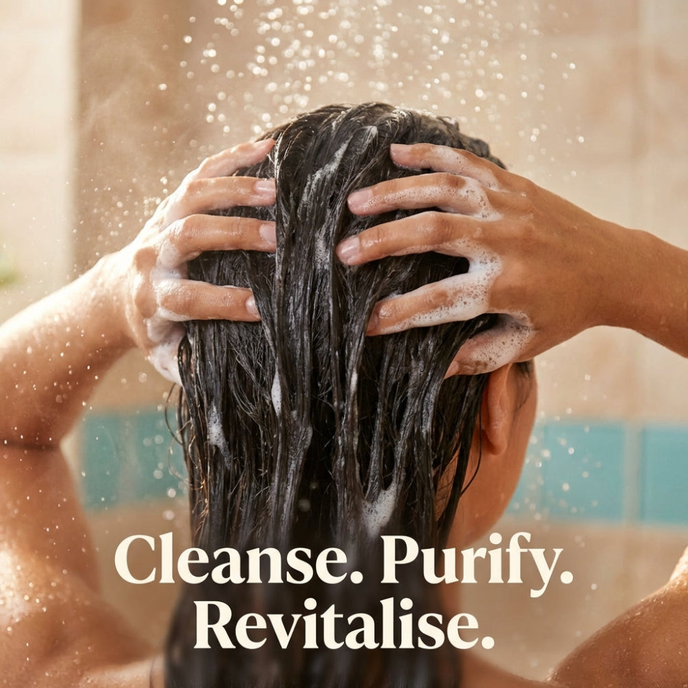Person washing hair with soapy hands in a shower, with text 'Cleanse. Purify. Revitalise.'