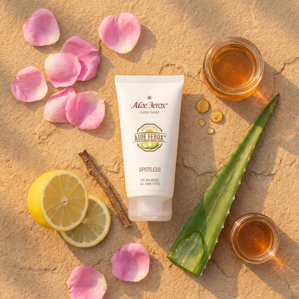 Aloe Ferox skincare product with aloe ferox leaf, lemon, and honey on a sandy background