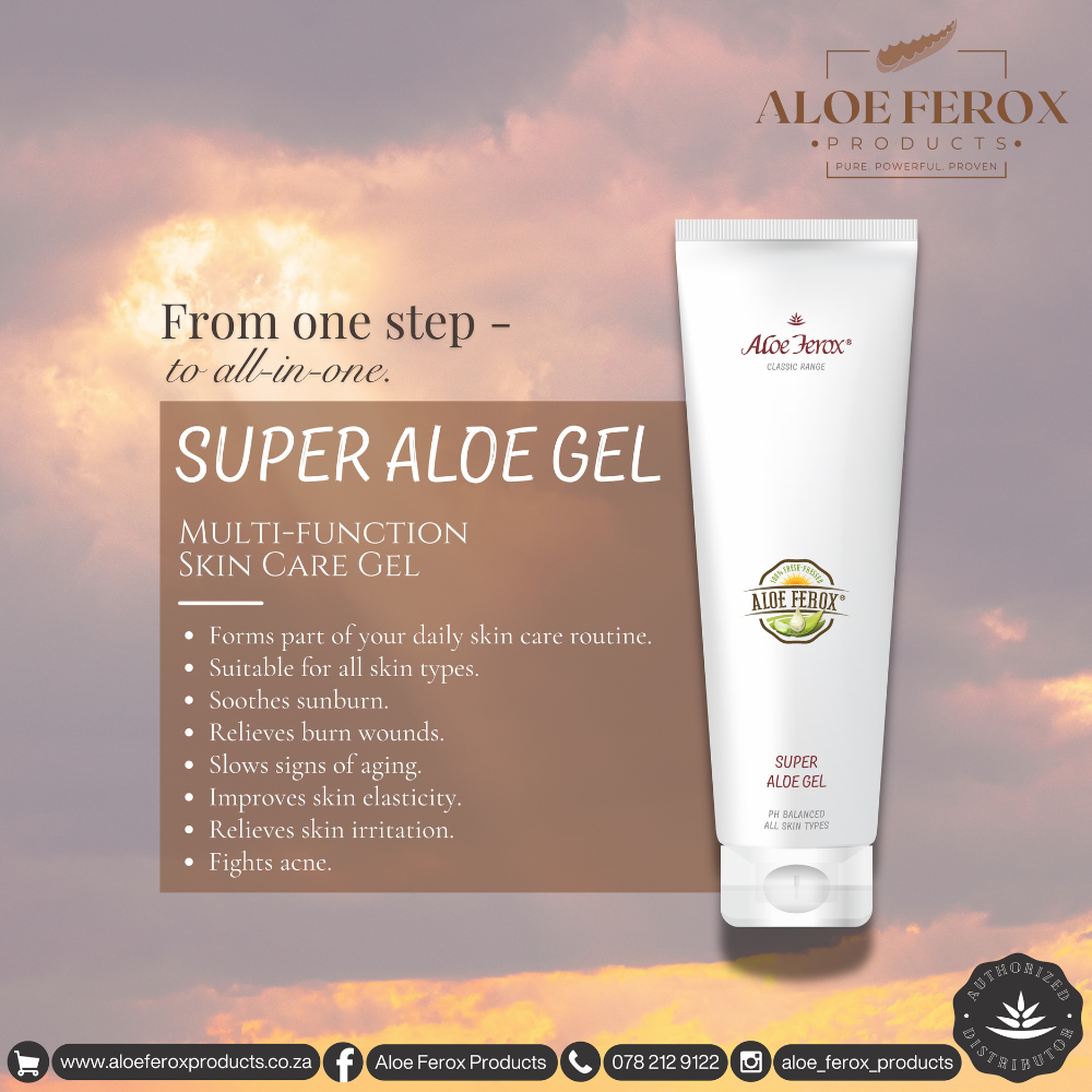 Aloe Ferox Super Aloe Gel tube with product description on a sunset background