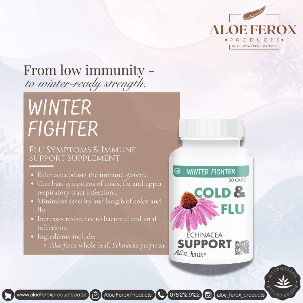 Aloe Ferox Cold & Flu support supplement bottle with product details on a white background