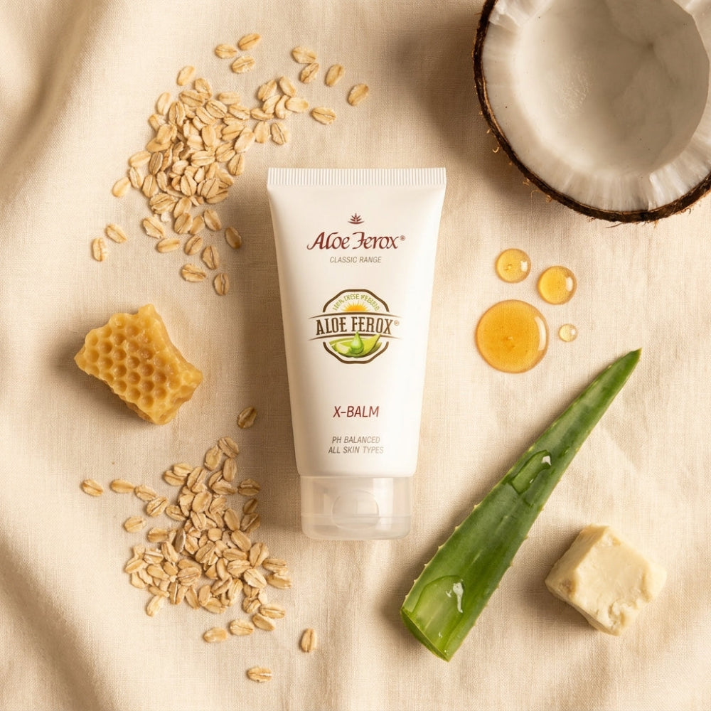 Aloe Ferox X-Balm tube surrounded by oats, a honeycomb, coconut, and aloe ferox leaf on a beige fabric background.