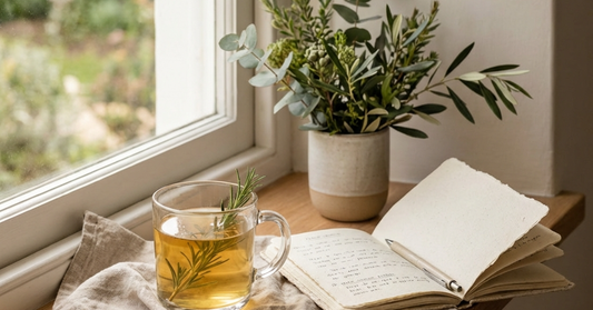 Wellness Week lifestyle reset with herbal tea, journaling, and natural self-care habits in a calm home setting.