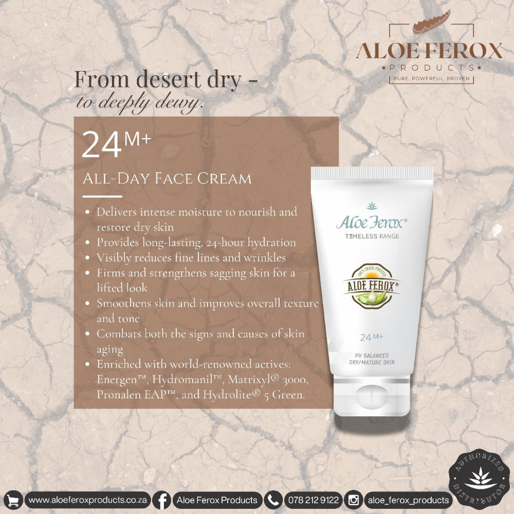 Aloe Ferox 24M+ All-Day Face Cream packaging with product details on a textured beige background.