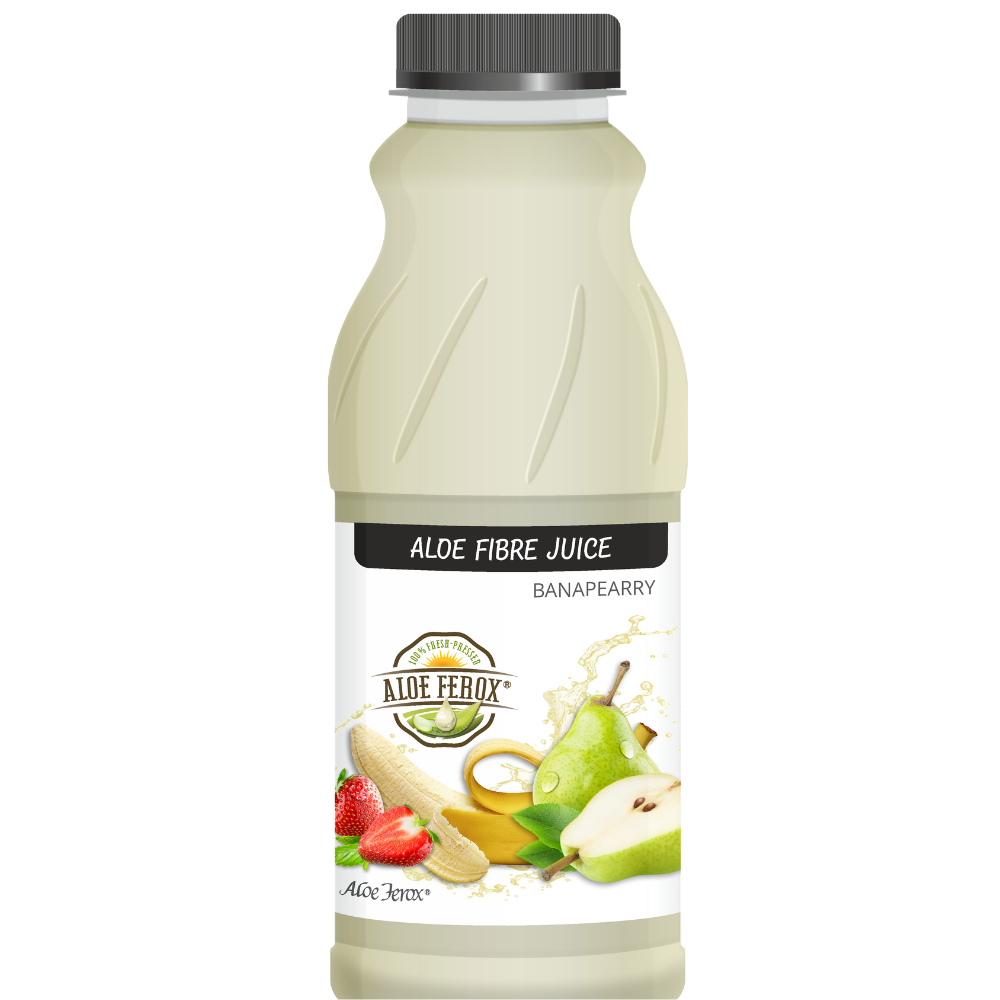 Bottle of Aloe Ferox Aloe fibre juice with banana, pear, and strawberry on label