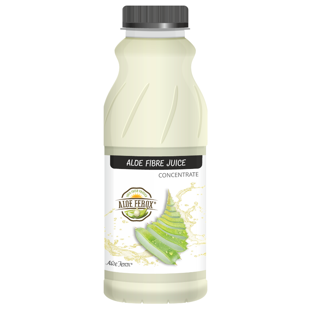 Bottle of Aloe Ferox juice concentrate on a white background