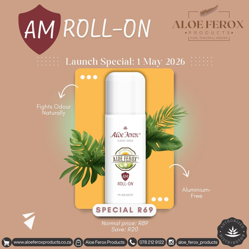Aloe Ferox AM Roll-On product with promotional text on a beige background