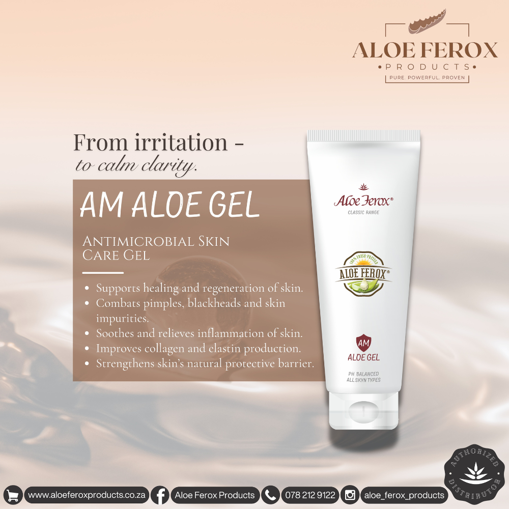 Aloe Ferox AM Aloe Gel tube with product description on a beige background