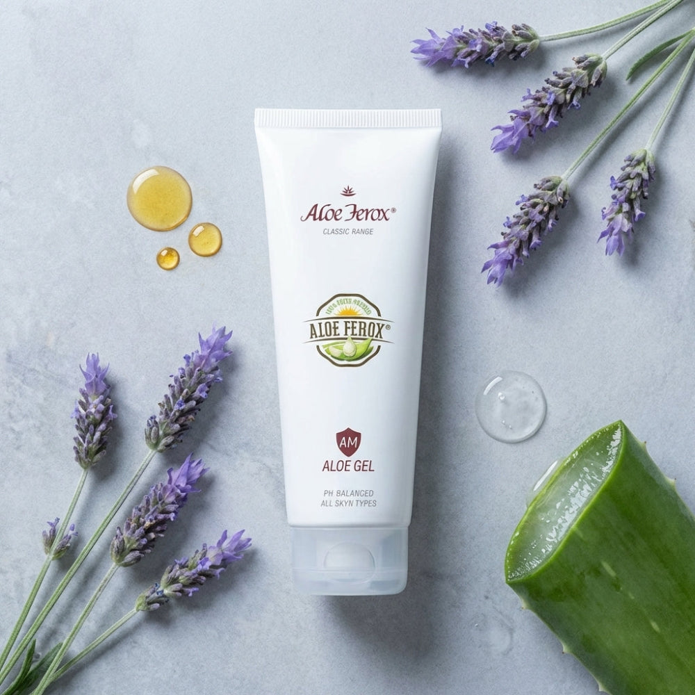 Aloe Ferox aloe gel tube with lavender flowers and aloe ferox on a light gray background