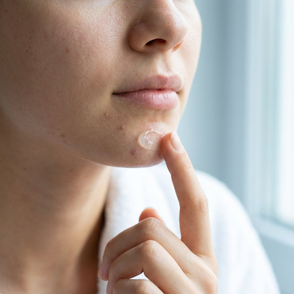 Person applying Aloe Gel to a pimple on their face with a blurred background