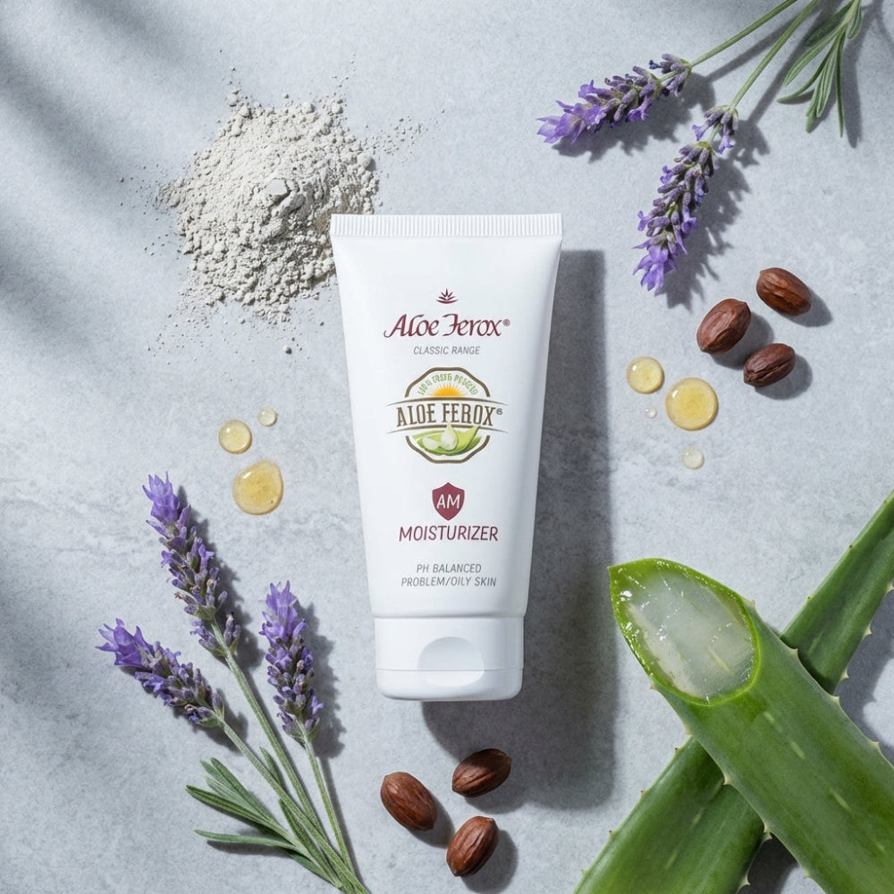 Aloe Ferox moisturizer tube with aloe ferox, lavender, and other ingredients on a light background