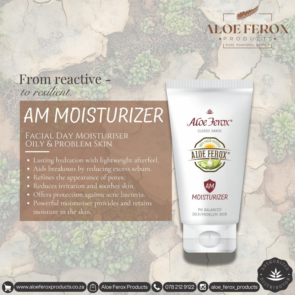 Aloe Ferox AM Moisturizer tube with product description on a textured background
