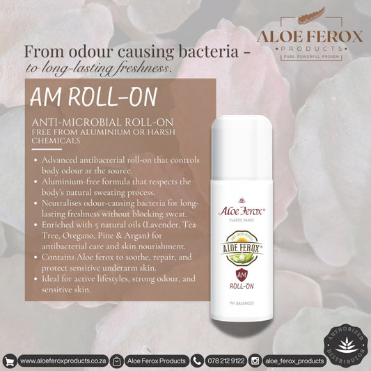 Aloe Ferox AM Roll-On product with descriptive text on a floral background