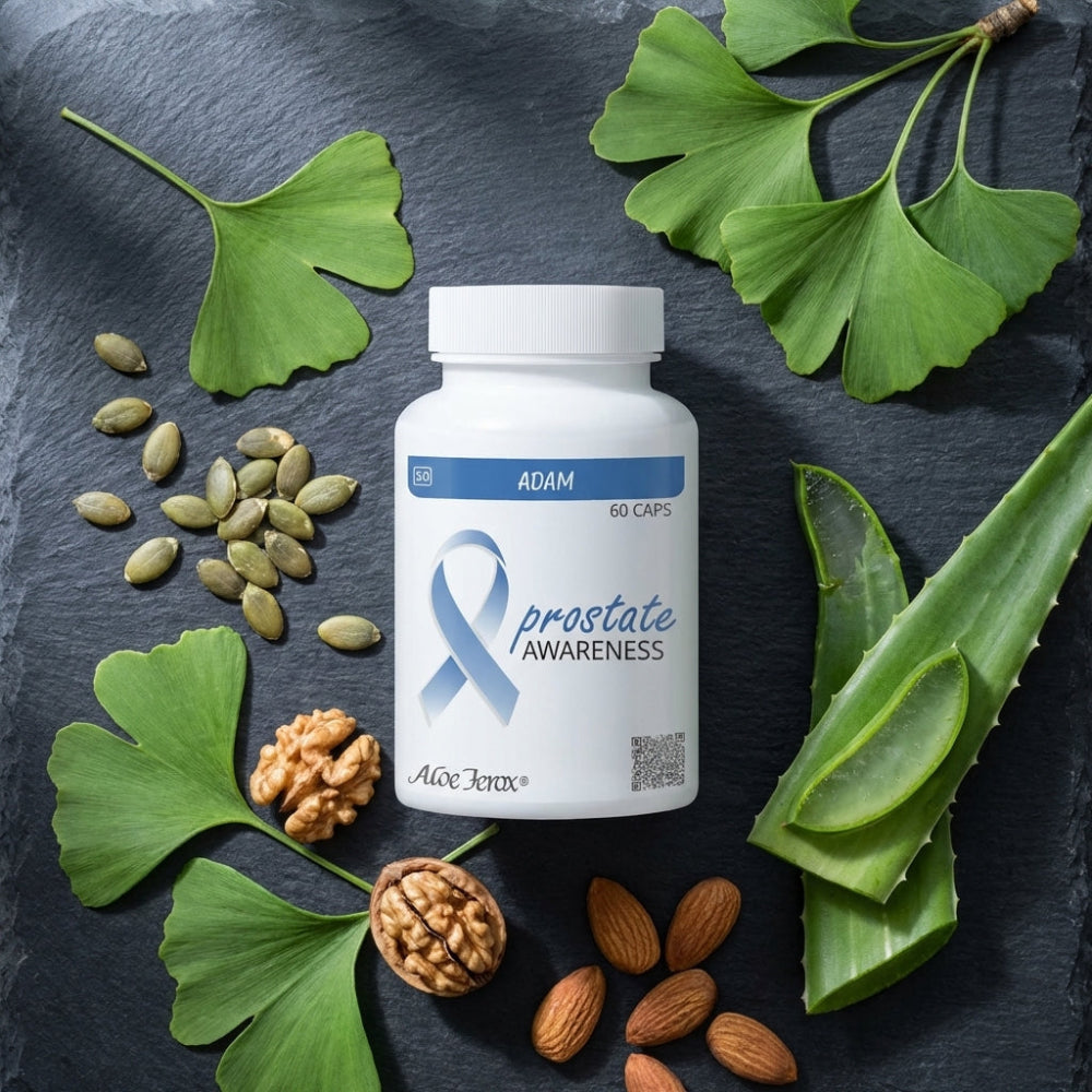 Supplement bottle labeled 'prostate awareness' surrounded by nuts and leaves on a dark surface