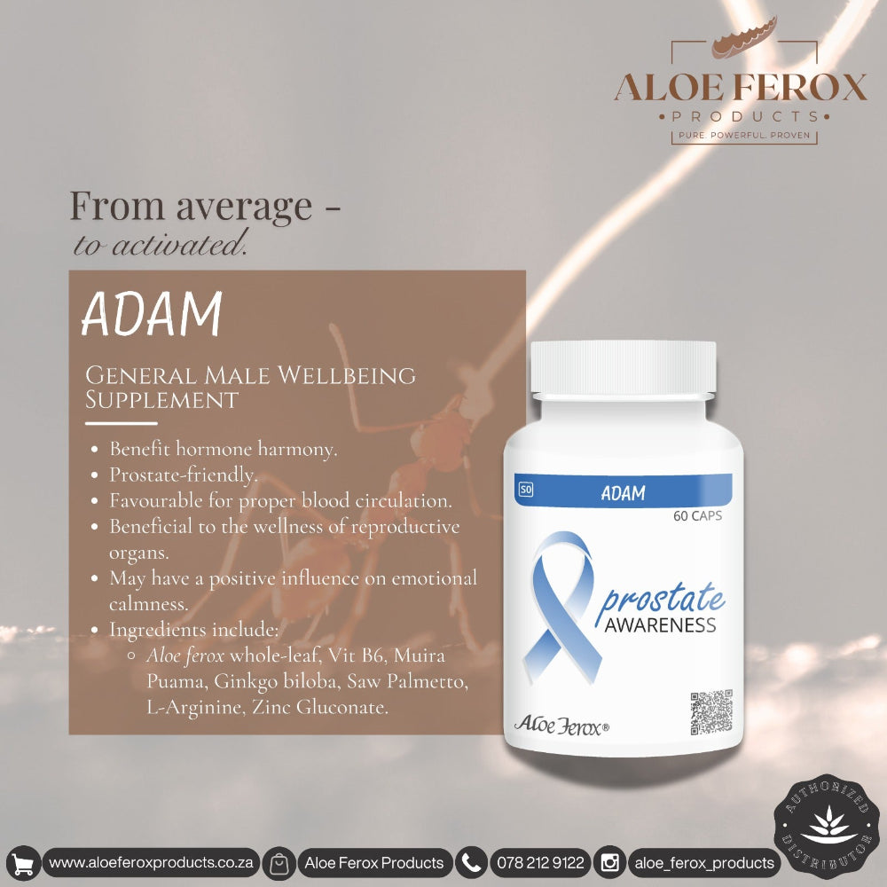 Aloe Ferox ADAM supplement bottle with packaging on a light gray background