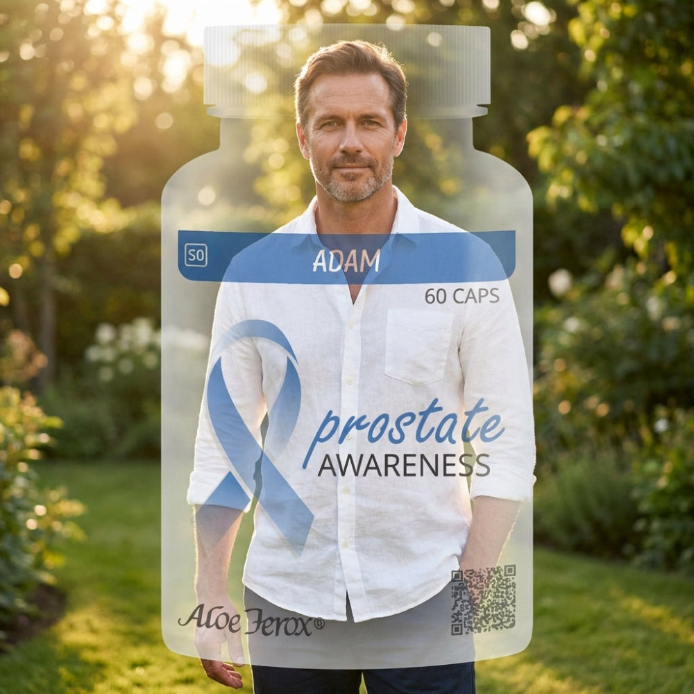 Man standing outdoors with a transparent bottle labeled 'prostate awareness' and 'Adam 60 CAPS' in the foreground.