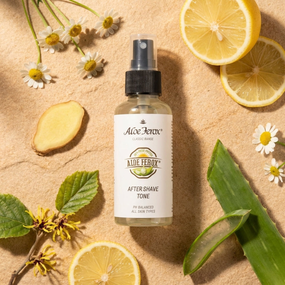 A bottle of Aloe Ferox after shave tone surrounded by lemons, ginger, and flowers on a beige background