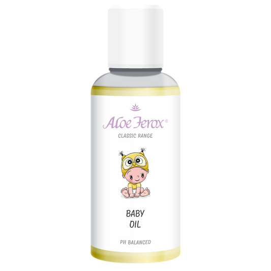 Aloe Ferox Baby Oil bottle, baby (and adult) skin softening oil with aloe extract to help gently nourish and protect delicate skin.