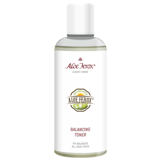 Aloe Ferox Balancing Toner bottle, refreshing facial toner to restore pH, remove residual dirt/makeup and cool skin after cleansing.