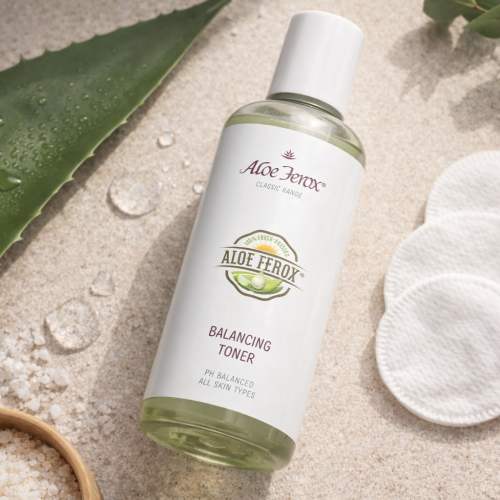 Aloe Ferox toner bottle with aloe vera leaves and cotton pads on a textured surface