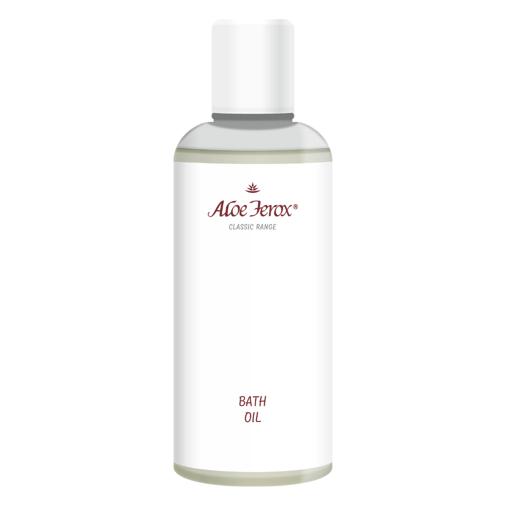 Aloe Ferox Bath Oil bottle. Luxurious aloe-infused bath oil that nourishes, softens, and rejuvenates the skin while leaving a light, refreshing fragrance.