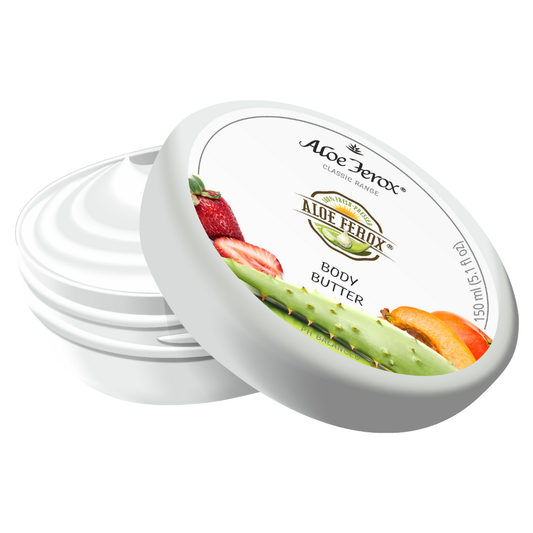 Aloe Ferox Body Butter tub. Luxuriously rich hand, body and foot moisturiser enriched with aloe ferox and nourishing oils for dry or damaged skin