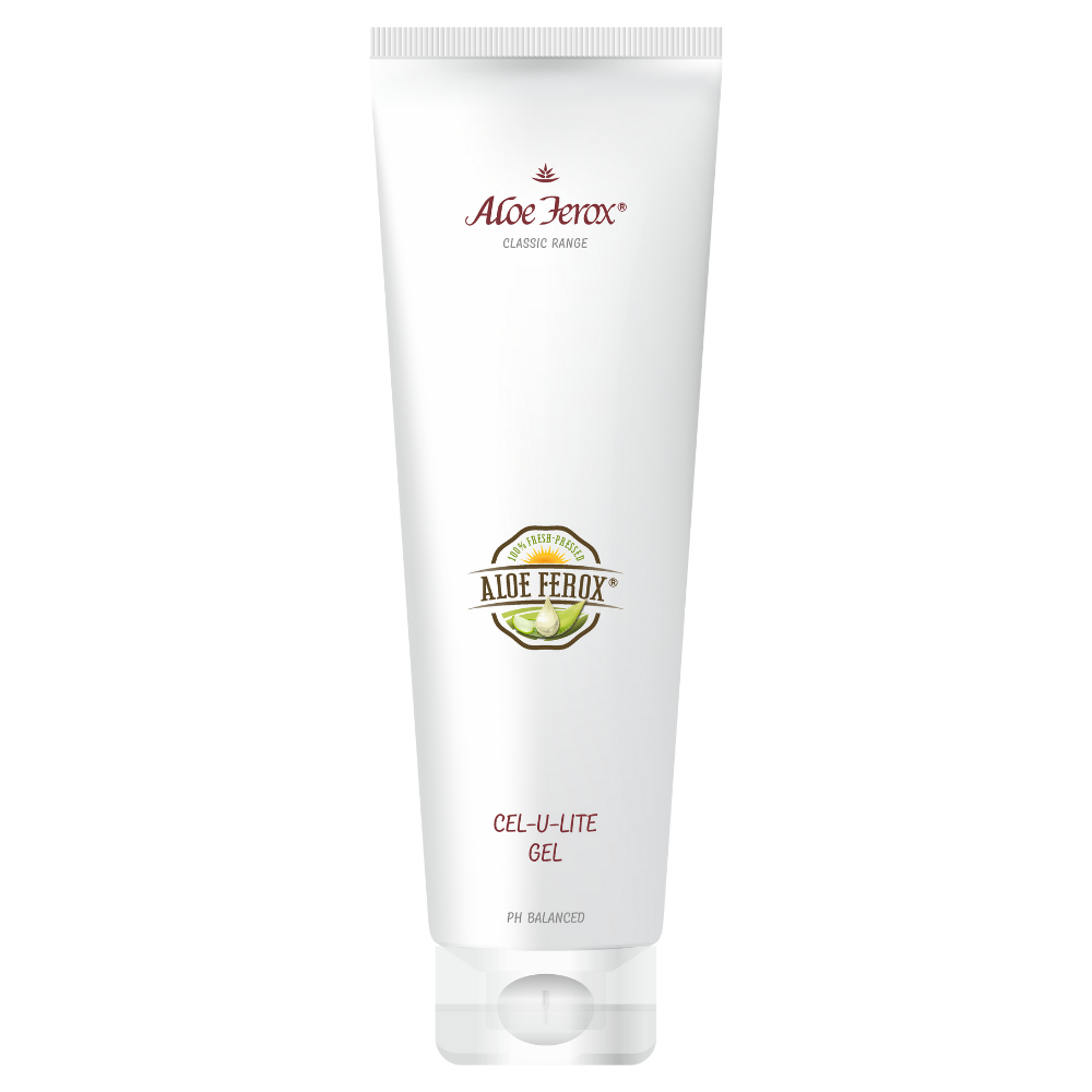 Aloe Ferox Cel-u-Lite Gel tube. Skin-smoothing herbal body gel with aloe ferox designed for cellulite-prone areas.
