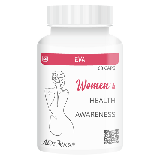 Aloe Ferox Eva. Women’s daily wellness support product with aloe ferox for feminine health and well-being. Natural menopause supplement