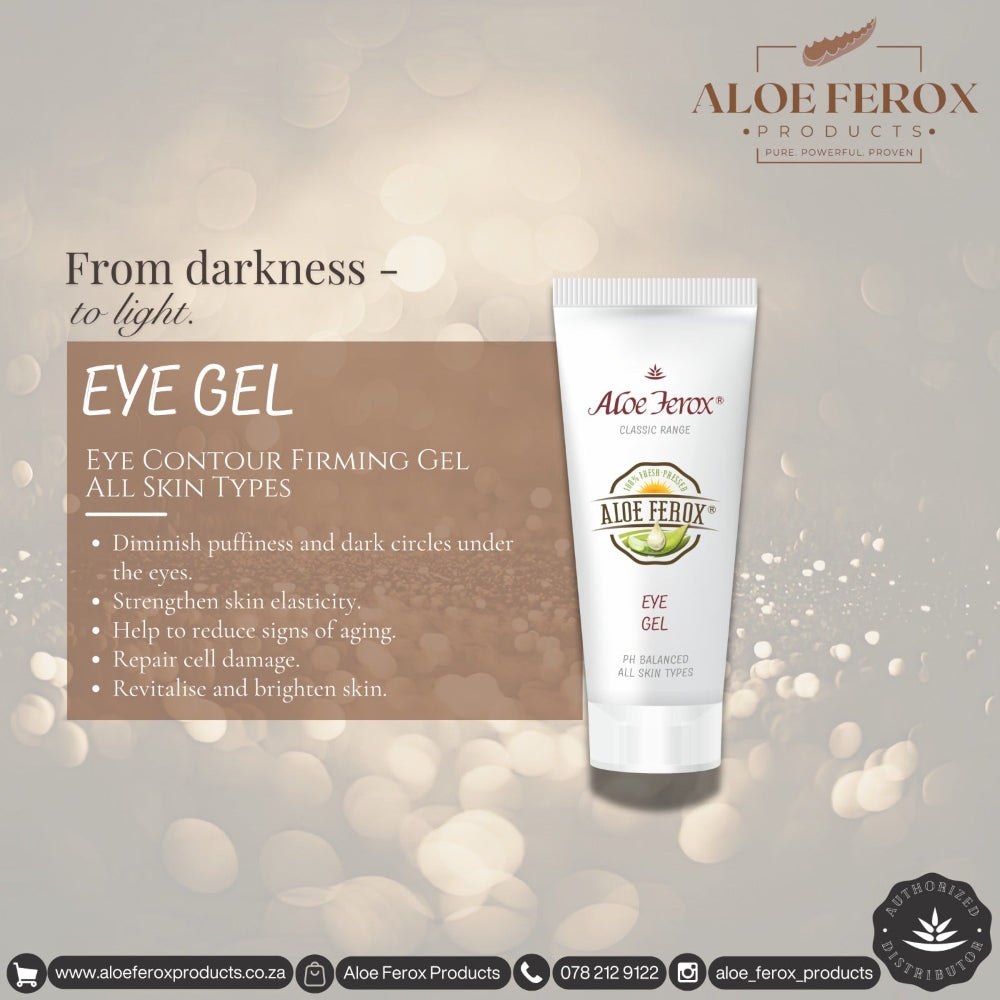 Aloe Ferox eye gel packaging with product description on a soft background