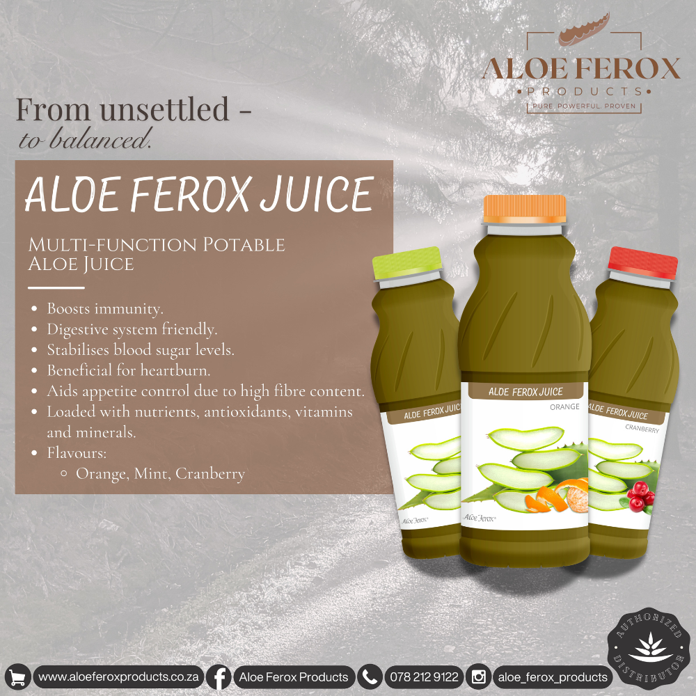 Aloe Ferox Juice bottles with product details on a textured background
