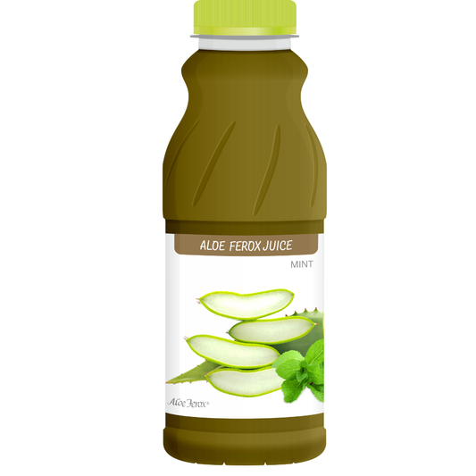 Aloe Ferox Juice Mint 500ml bottle. A natural aloe drink that supports digestion, immunity, blood sugar balance, and overall wellness through over 130 beneficial plant compounds.